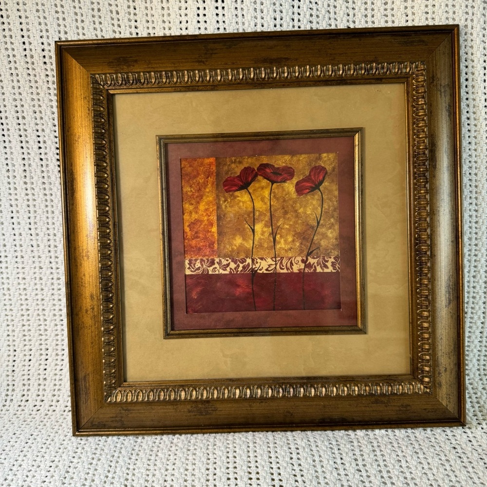Framed Floral Art with Red and Gold Accents